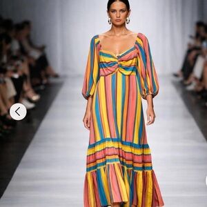 Farm Rio Anthropologie Rainbow Stripe Midi Dress Puff Size Medium